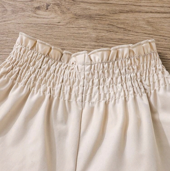 Baby Girl Laser Cut Out Scallop Trim Paperbag Waist Shorts Khaki - Picture 2 of 5